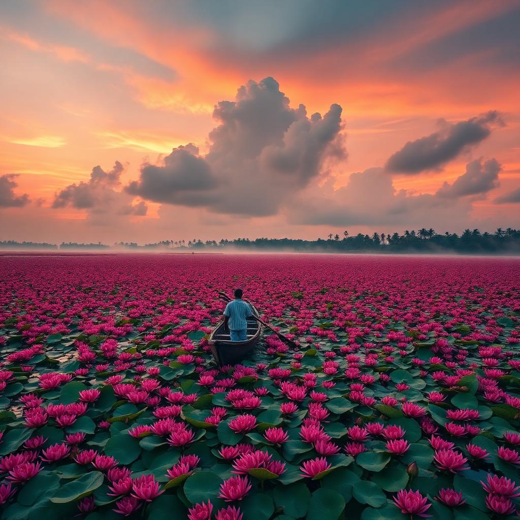 Malarikkal Water Lily Sunrise — Poled Canoe Through the Red Bloom
