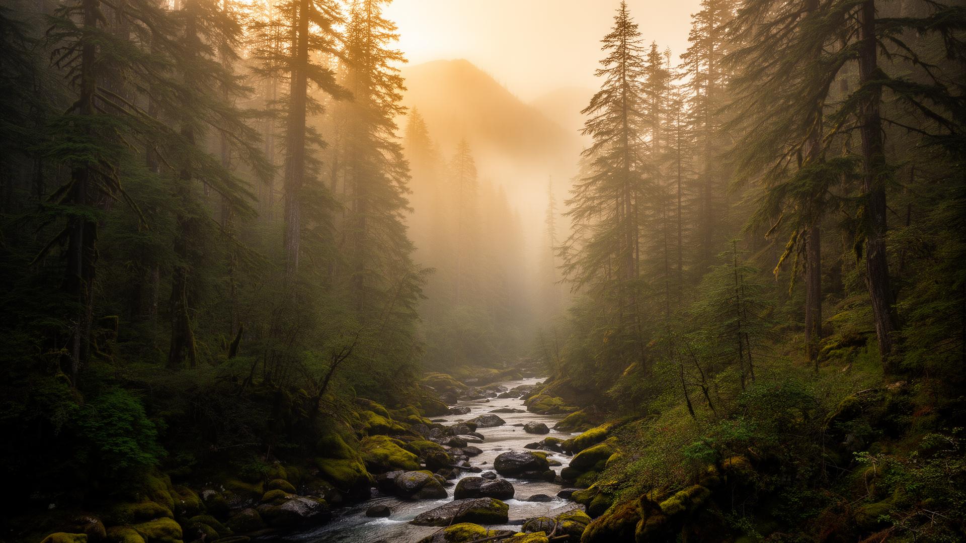 Misty forest valley at dawn with golden light