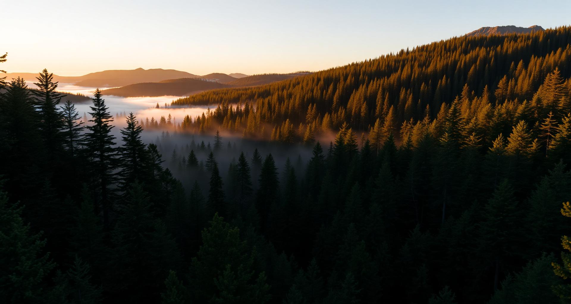Pine forest valley at sunrise with low fog
