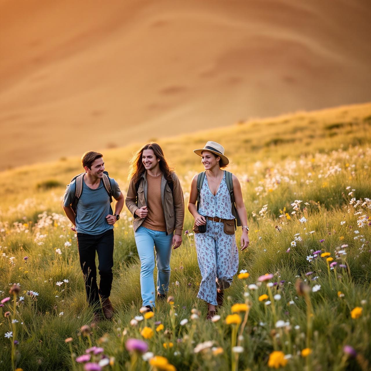 Friends with a local guide in a wildflower meadow at golden hour