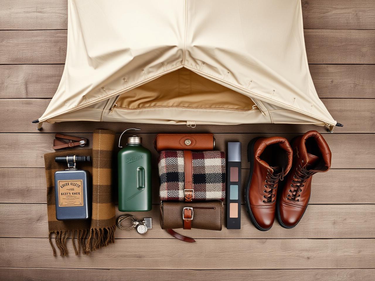 Outdoor gear flat lay on a wooden surface