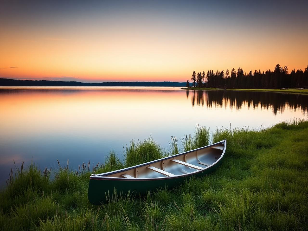 Canoe pulled ashore on a quiet lakeside at twilight