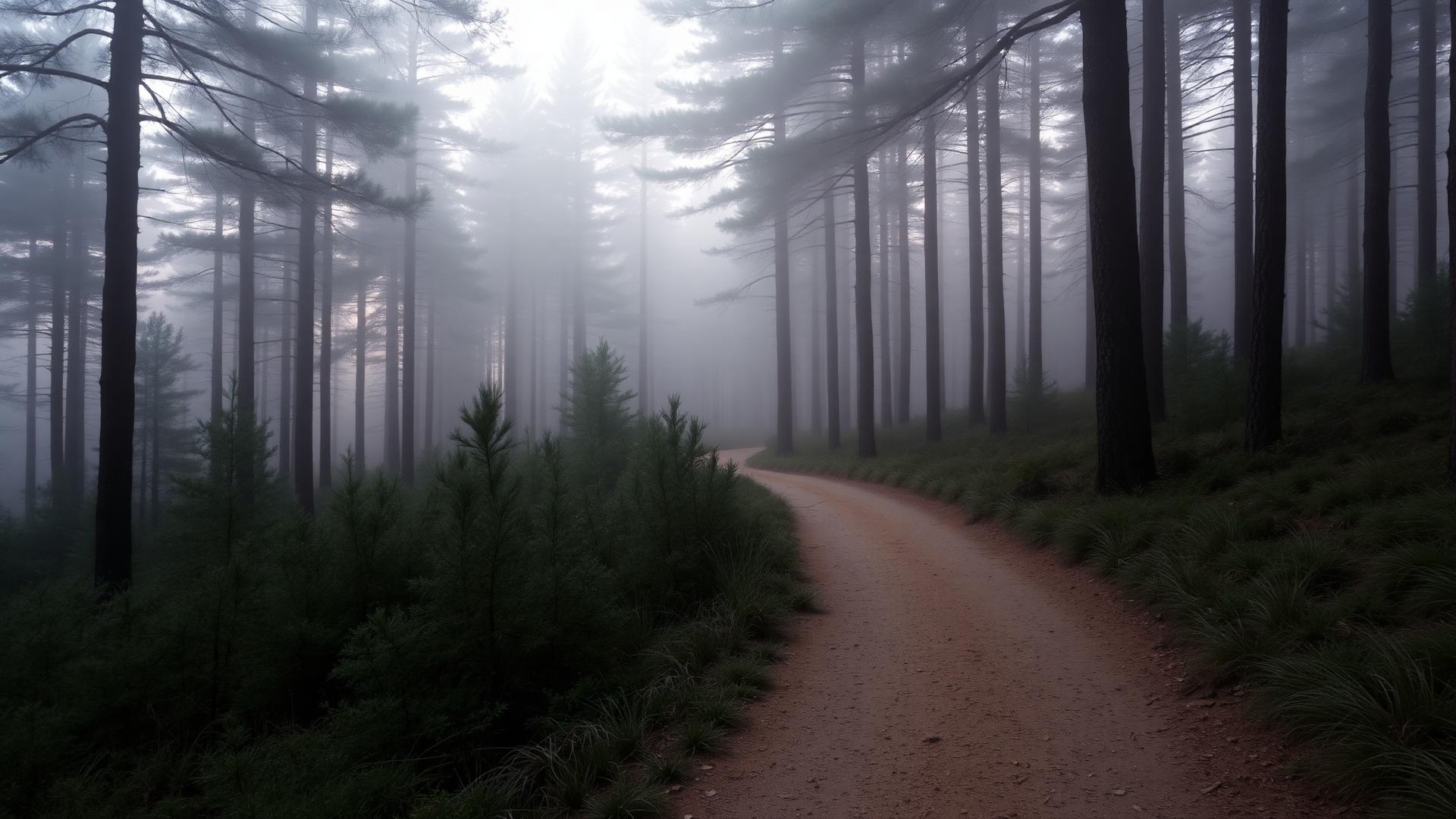 Quiet forest trail at dawn through pines